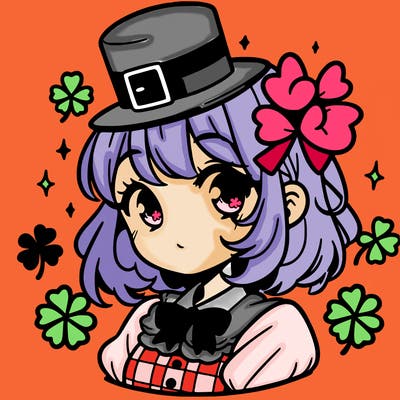 a manga-style girl with clovers around her, a little hat in her hair, like it's saint patrick's day