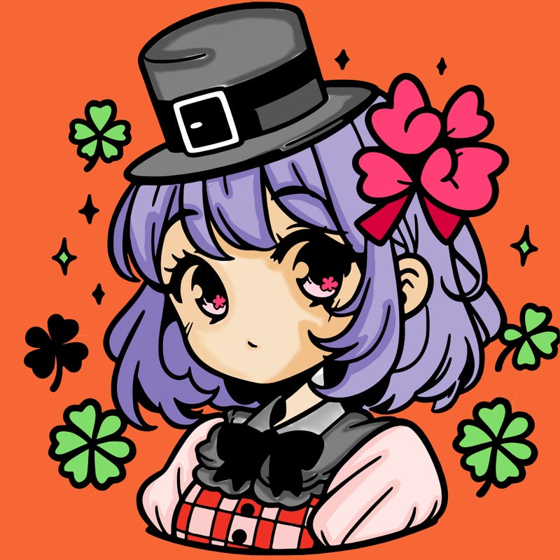 a manga-style girl with clovers around her, a little hat in her hair, like it's saint patrick's day
