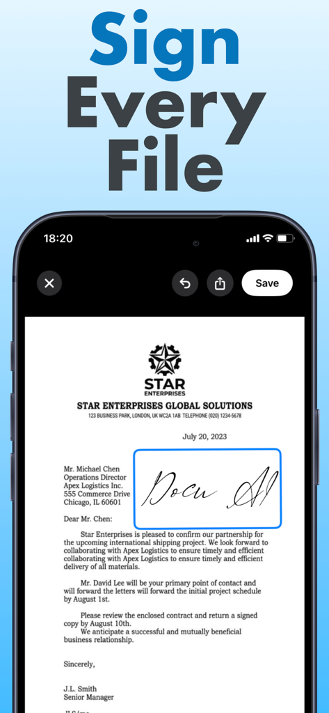 Smartphone screen showing a digital signature applied to a PDF document