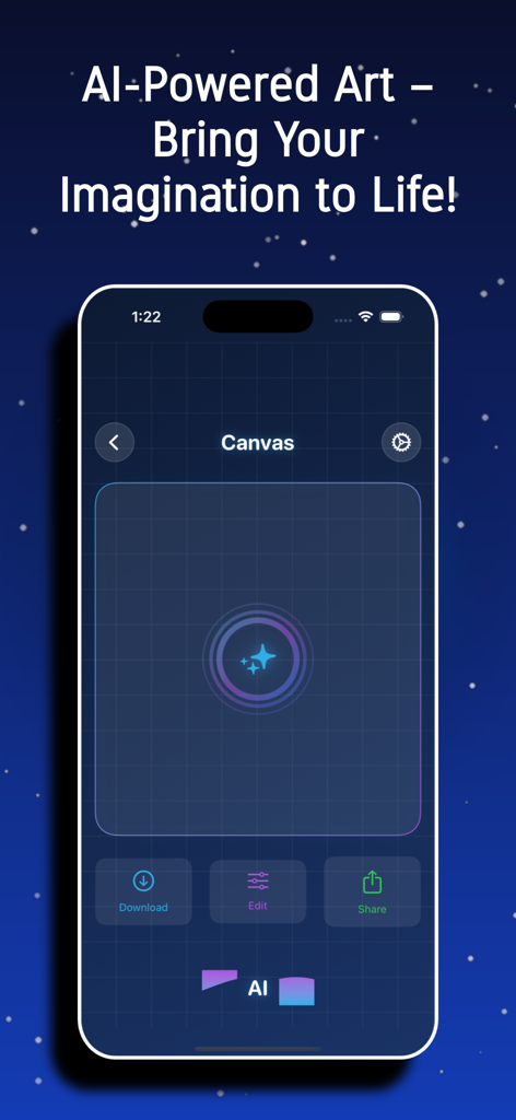 Interface of the AI Artwork Studio within the Robux app showing a canvas area and buttons for downloading, editing, and sharing AI-generated art.