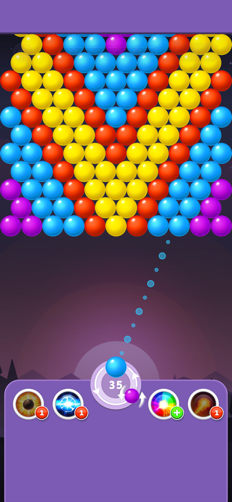 ‎Bubble Shooter Rainbow - Gameplay of Bubble Shooter Rainbow showing a colorful bubble puzzle with aiming line and power-up boosters