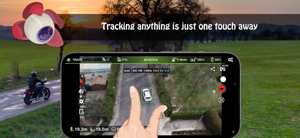 Litchi for DJI Drones - Interfaccia della modalità track dell'app Litchi che mostra un'auto selezionata per il tracciamento del volo autonomo.