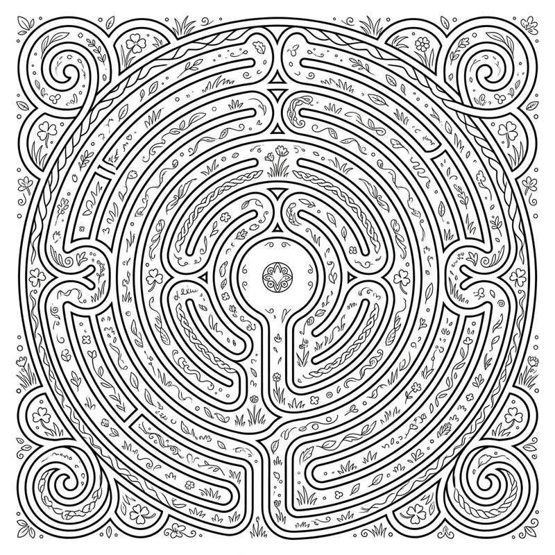 Immerse yourself in the calming beauty of this intricate turf labyrinth coloring page, adorned with delicate botanical details. This unique design offers a meditative escape, inviting you to bring its winding paths and natural elements to vibrant life.
