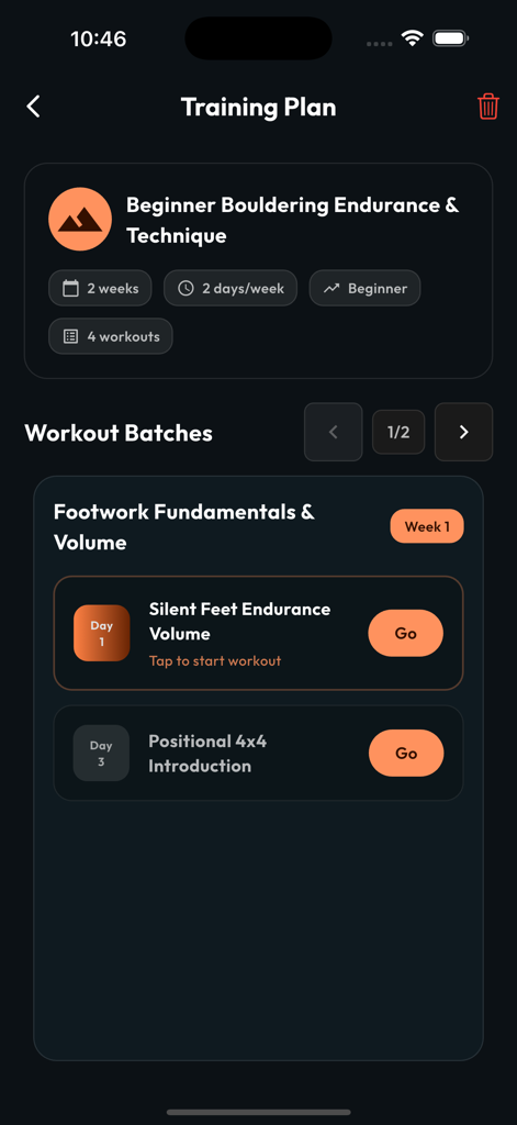 Climbah: Bouldering & Climb AI - A screenshot of the Climbah app showing a beginner bouldering endurance and technique training plan with workout batches.