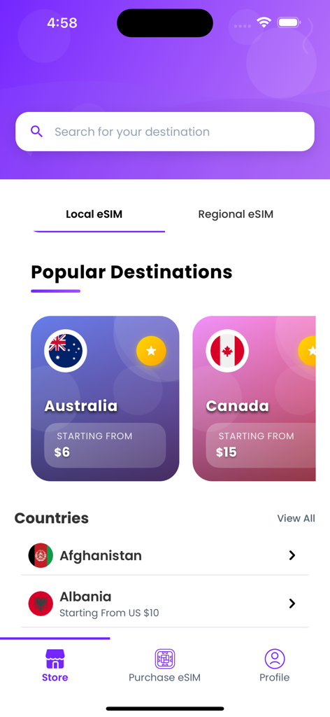 Kloud eSIM - Kloud eSIM mobile app interface showing popular travel destinations and local data plan prices