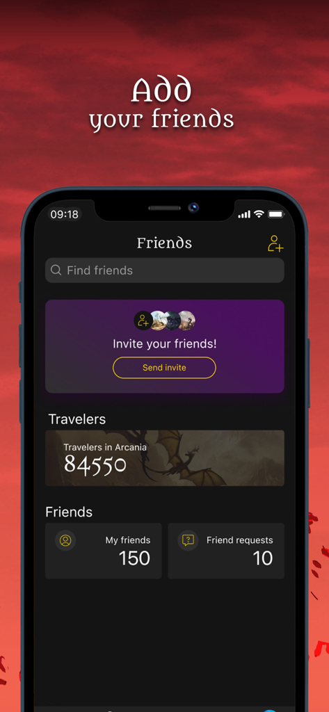 Friends management screen of the Dragon Shield MTG Scanner app showing friend count and invite options