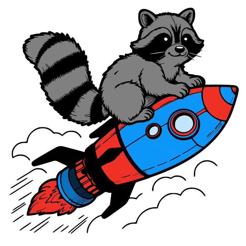 realistic raccoon flying on top rocket ship