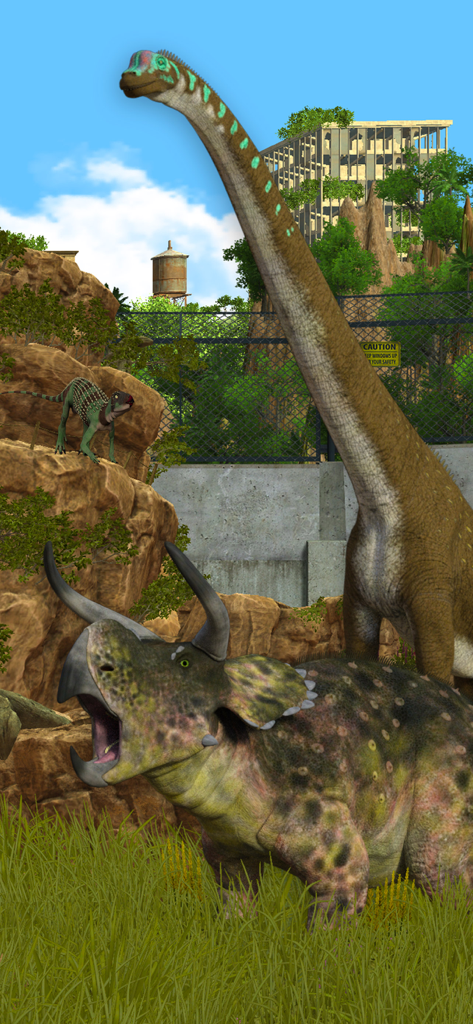 Dinosaurs & Ice Age Animals - Large dinosaurs including a Triceratops and Brachiosaurus in a lush prehistoric park environment