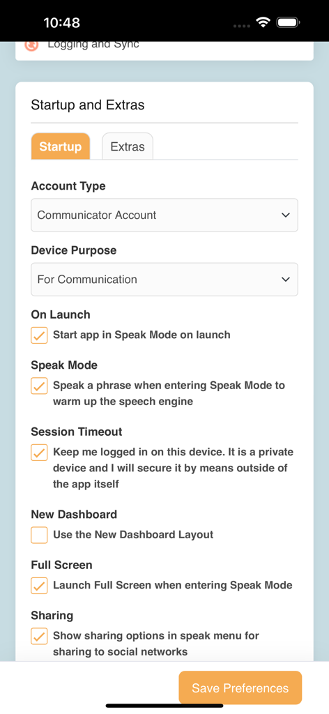 CoughDrop Pro - CoughDrop Pro app startup settings screen showing configuration options for communicator accounts and device purpose.