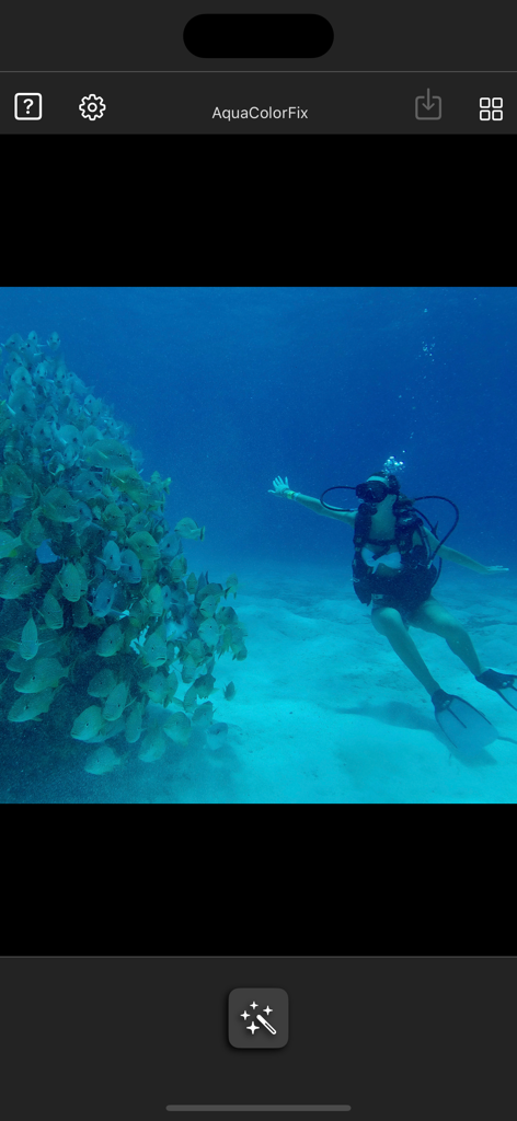 AquaColorFix - Photo & Video - AquaColorFix app interface showing an underwater photo of a scuba diver and a school of fish before color correction