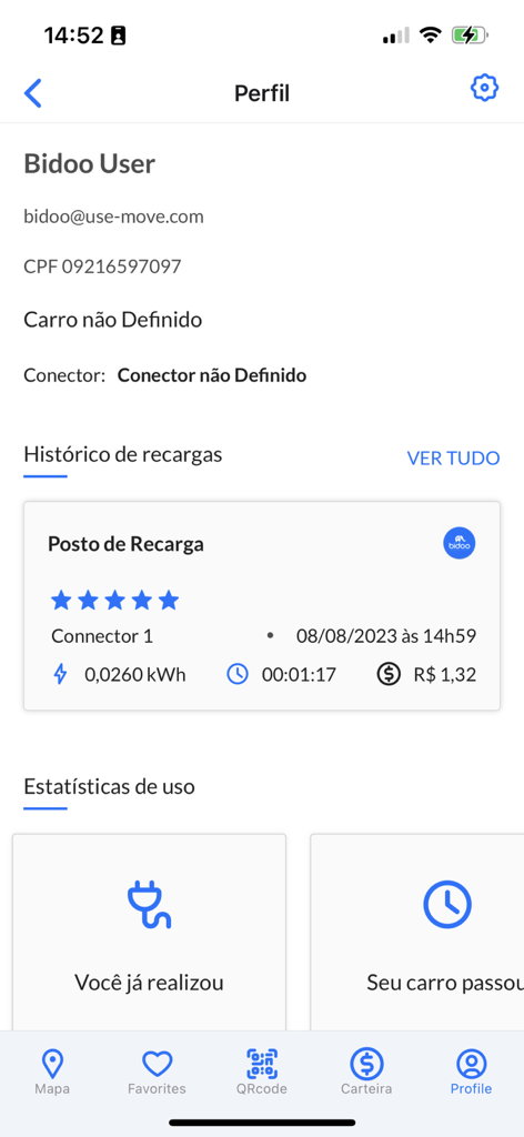 Bidoo - User profile screen of Bidoo app showing electric vehicle charging history and usage statistics