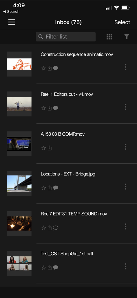 PIX System - PIX System app interface showing an inbox with a list of secure film production files including animatics and video edits