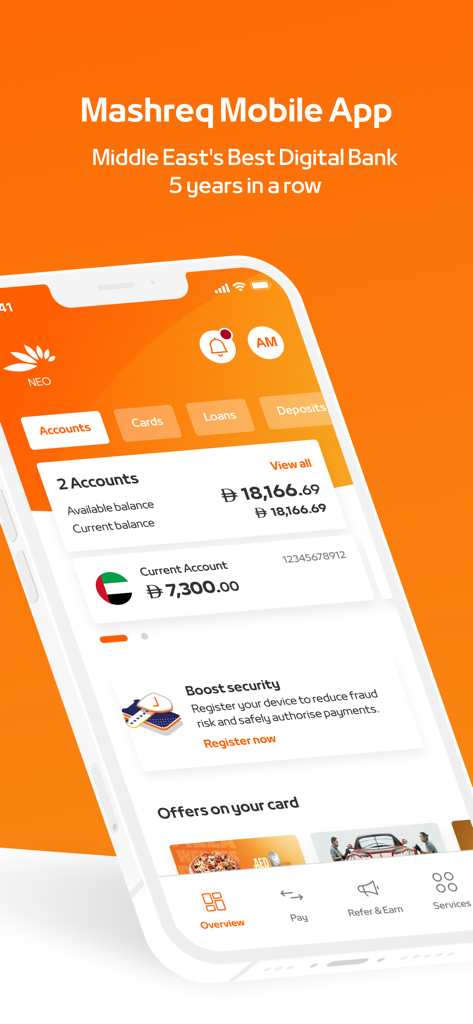 Mashreq UAE digital banking mobile app dashboard showing account balance and financial services