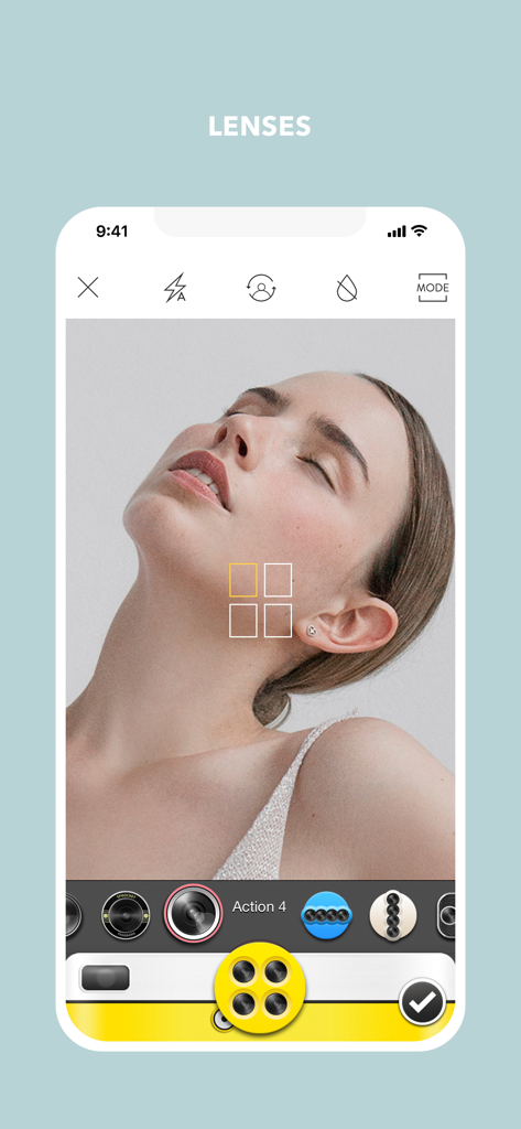 Smartphone screen showing Cymera app camera lenses and multi shot mode
