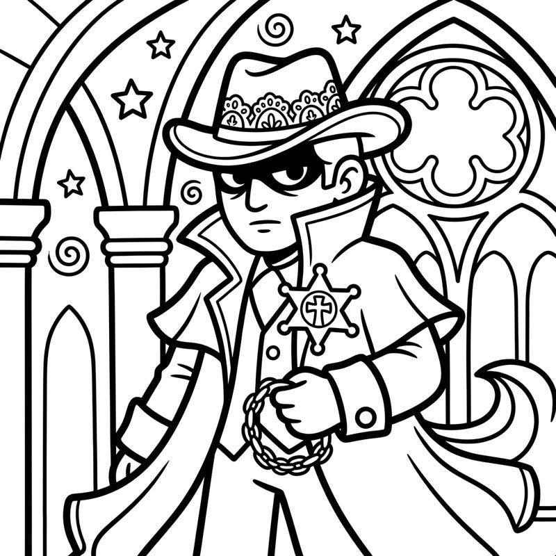 Saddle up for a coloring adventure with our unique Gothic Sheriff! This easy-to-color page is perfect for toddlers, offering bold lines and engaging Western fun with a mysterious twist.