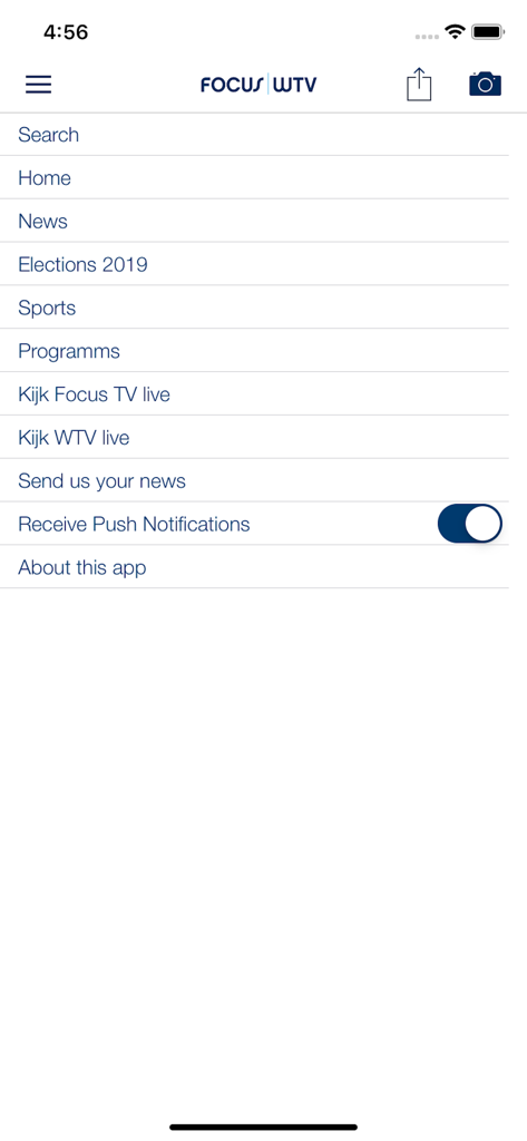 Focus & WTV - A mobile screen showing the navigation menu of the Focus & WTV news app with options for live TV, sports, and push notifications.