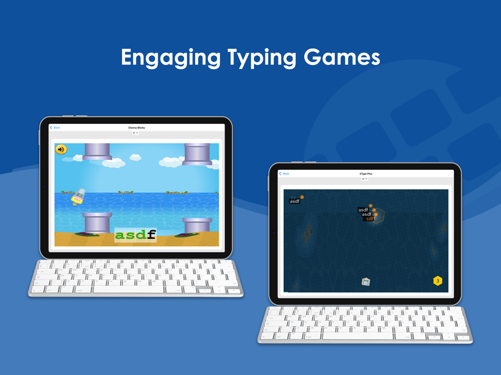 Two iPads with keyboards showing different interactive typing games to help users master touch typing skills.