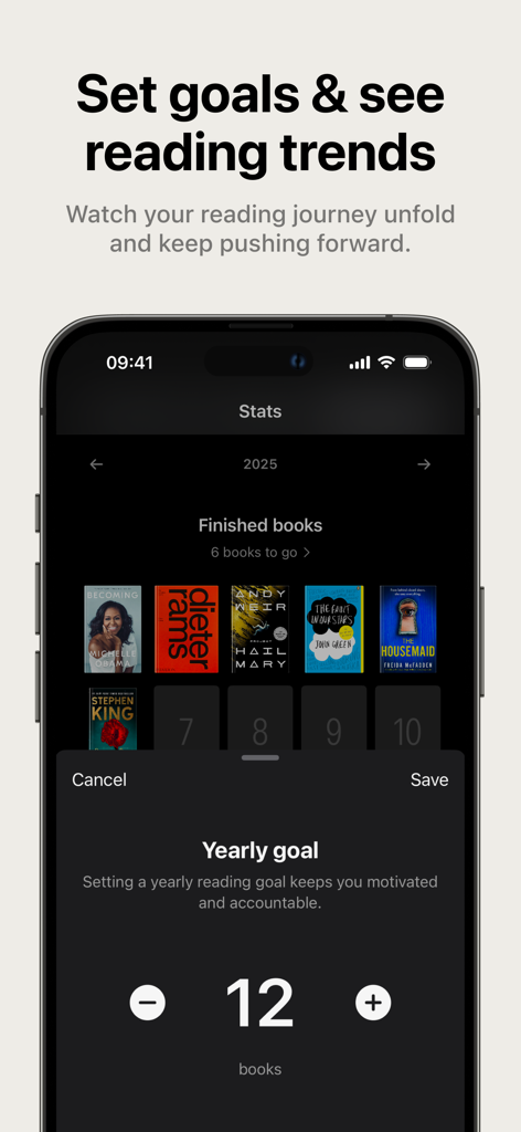 Bookology: Book Tracker - Interface of the Bookology app showing yearly reading goal setting and finished books statistics.