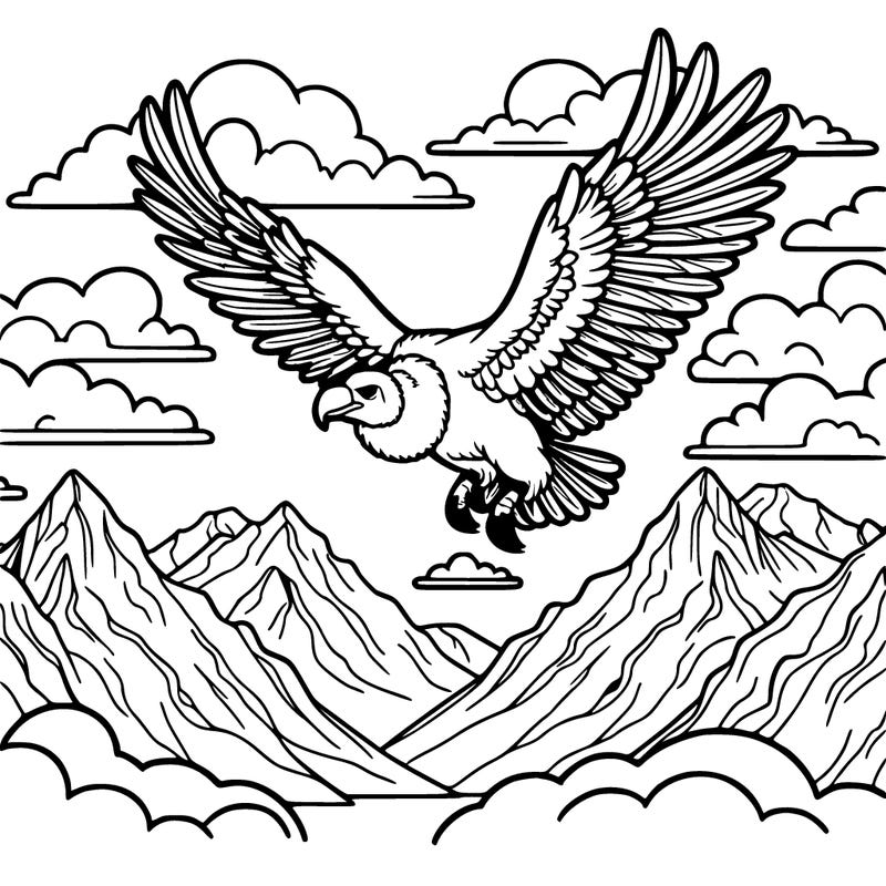 a majestic andean condor soaring through the high mountain skies, with its wide wingspan spread out, surrounded by snow-capped peaks and clouds.