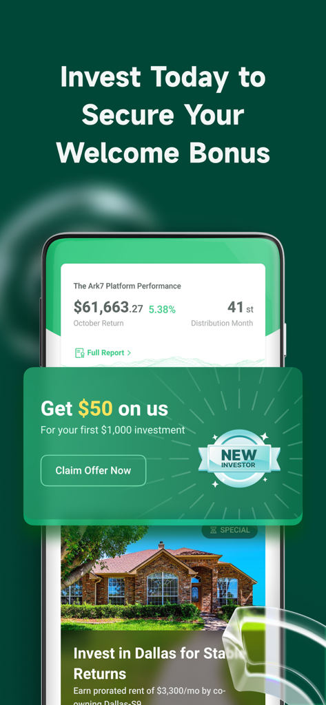 Ark7 app screen showing a 50 dollar welcome bonus for new real estate investors.