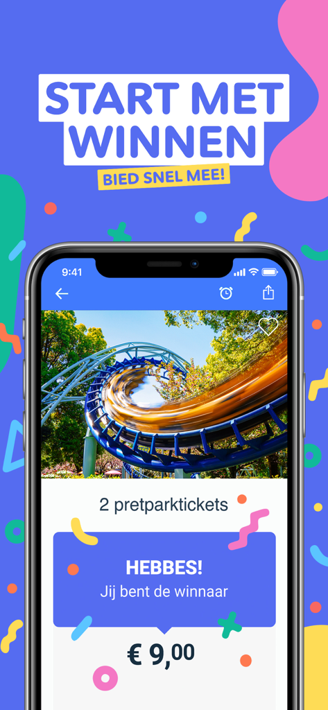 A smartphone displaying a winning bid for theme park tickets on the VakantieVeilingen auction app.