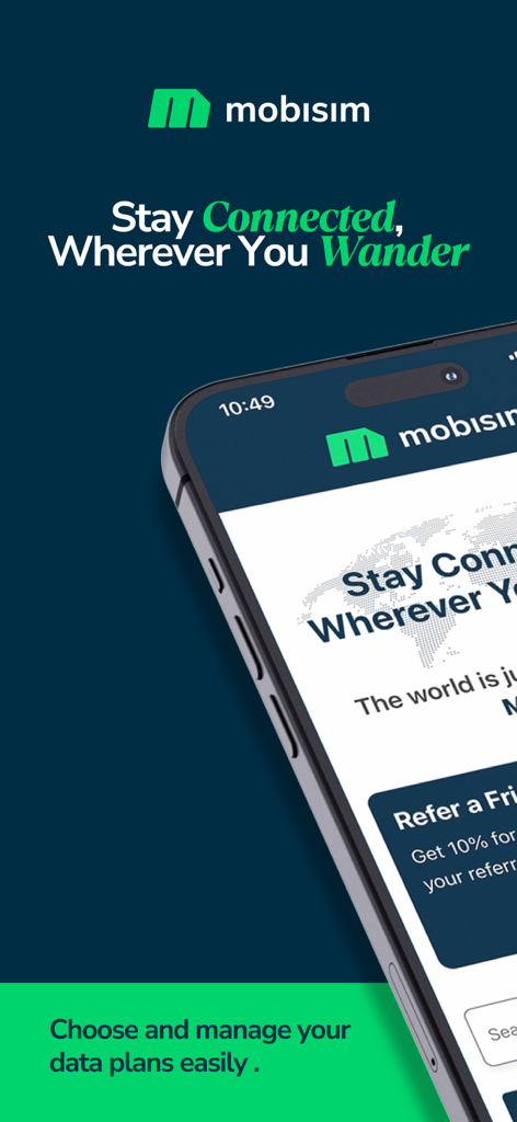 MobiSIM - Interfaz de la aplicación MobiSIM para gestionar planes de datos eSIM globales