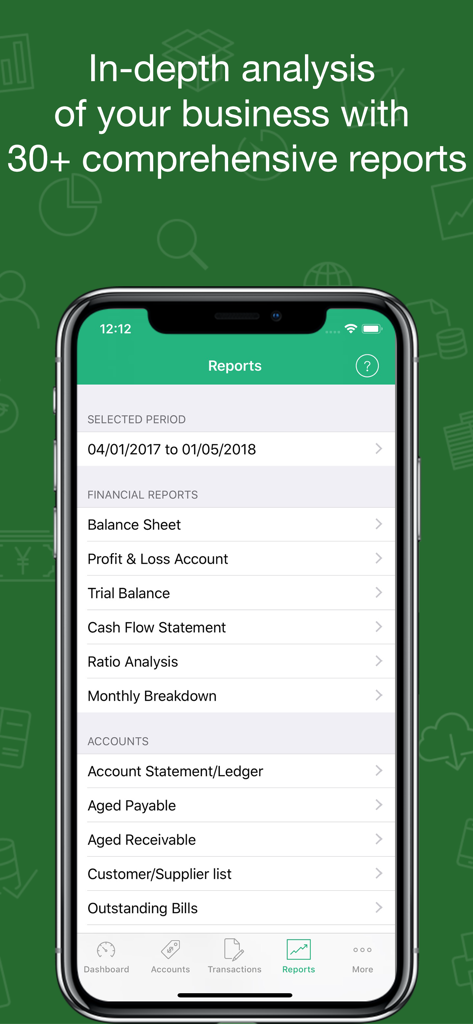 Book Keeper Accounting - Book Keeper Accountingの財務レポートリストが表示されたモバイル画面。貸借対照表や損益計算書など。