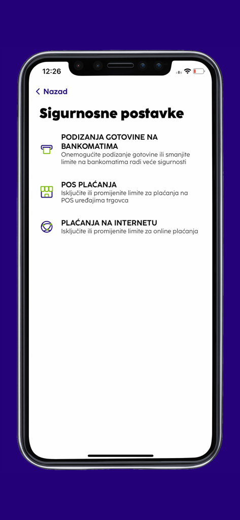 Security settings screen of the NLB mKlik mobile banking app showing card control options