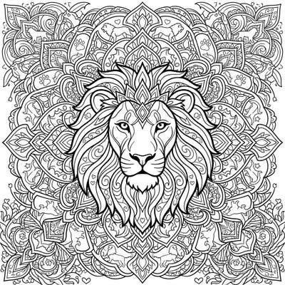 Dive into the intricate beauty of this majestic Lion Mandala coloring page, a true masterpiece for art enthusiasts. Its complex full-scene design features a regal lion's head at the heart of a symmetrical pattern, promising hours of engaging artistic flow.