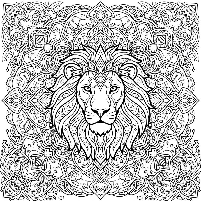 Dive into the intricate beauty of this majestic Lion Mandala coloring page, a true masterpiece for art enthusiasts. Its complex full-scene design features a regal lion's head at the heart of a symmetrical pattern, promising hours of engaging artistic flow.