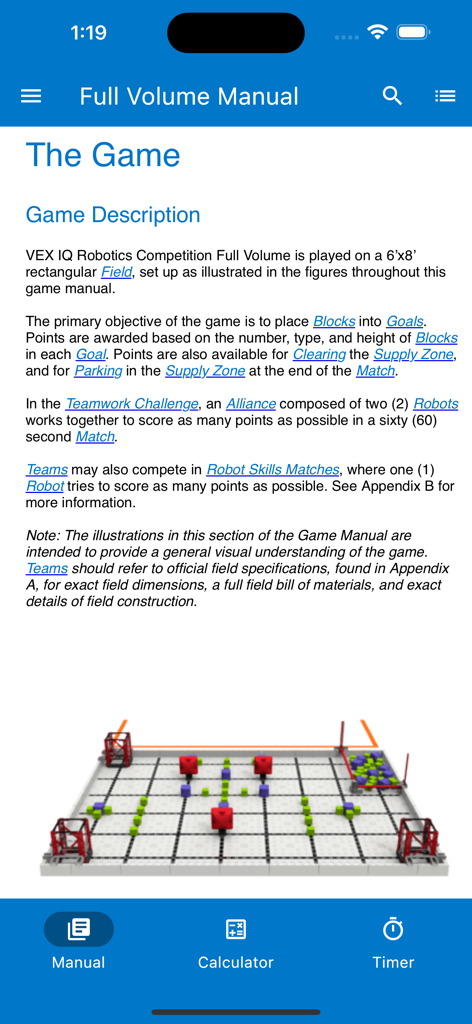 VIQRC Hub - Digital game manual for the VEX IQ Robotics Competition showing the Full Volume game description and field layout