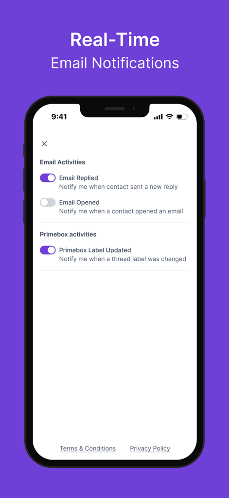 Salesforge - Salesforge app interface showing real-time email notification settings on an iPhone