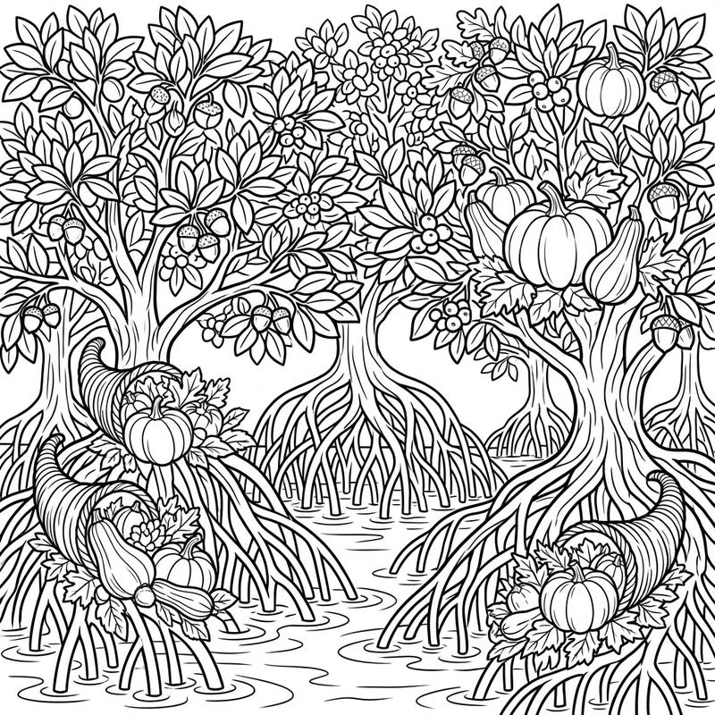 Dive into a truly unique blend of nature and tradition with this Thanksgiving Mangrove coloring page. Discover intricate roots, lush foliage, and abundant harvest elements awaiting your creative touch.