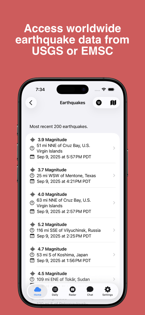 WeatherAI - Forecast & Radar - Pantalla de iPhone de WeatherAI que muestra una lista de terremotos globales recientes con detalles de magnitud y ubicación