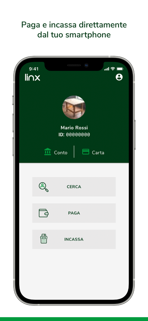 Io Pago Linx - Panel de control móvil de la aplicación Io Pago Linx con botones para buscar, pagar y cobrar