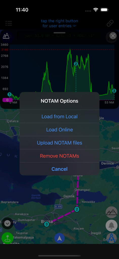 Link-H - Link-H app interface displaying an elevation profile graph and a NOTAM options menu over a flight map.