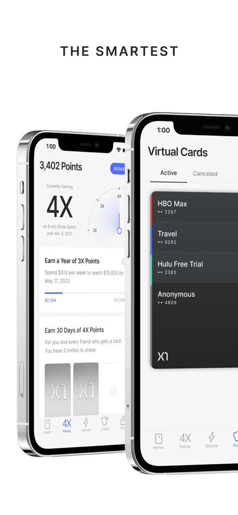 X1 Card - Interface of the X1 Card app showing reward points tracking and a list of active virtual cards for subscriptions.