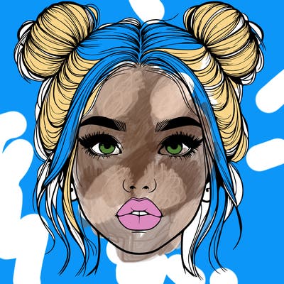 realistic girl with two buns on her hair and lips