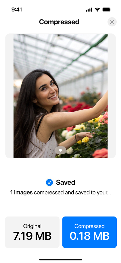 7.19MBの写真を0.18MBに圧縮してストレージスペースを節約したことを示すアプリインターフェース