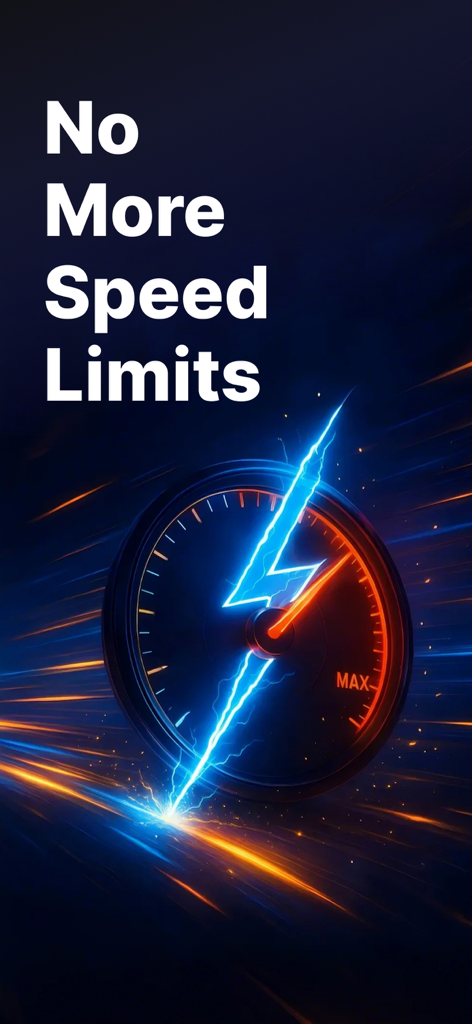 Ein Tachometer mit einem Blitzsymbol und dem Text Keine Geschwindigkeitsbegrenzungen mehr, der eine schnelle Internetgeschwindigkeit darstellt