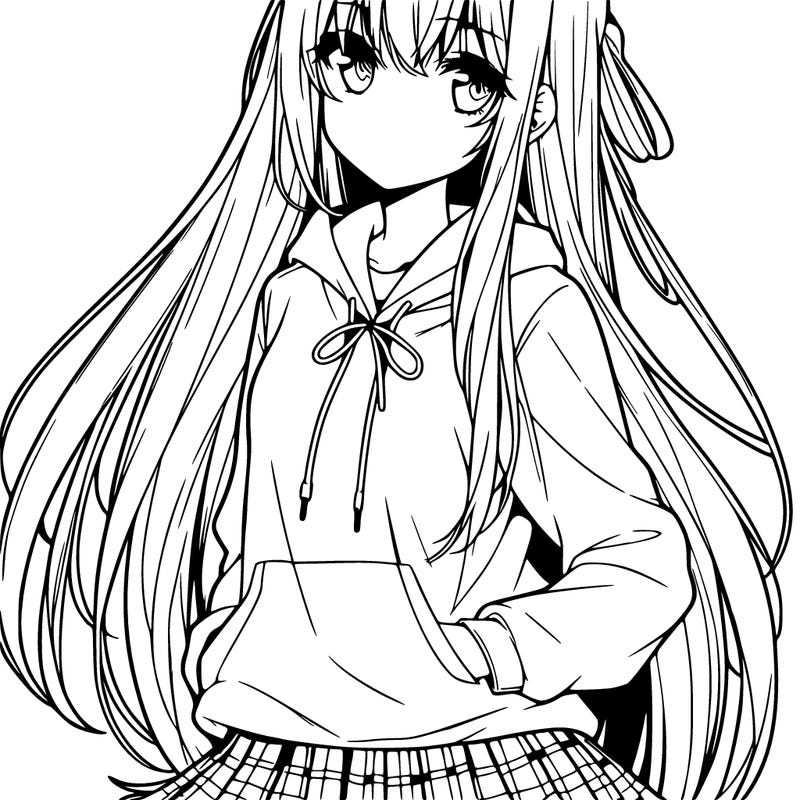 anime woman with long hair and bangs wearing hoodie and skirt
