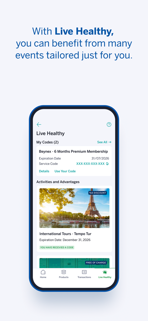 Garanti BBVA Emeklilik Mobile - Tableau de bord Live Healthy dans l'application Garanti BBVA Emeklilik avec codes d'adhésion et réductions de voyage