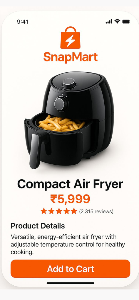Snapmart - Online Shopping app - Snapmart app screen showing a compact air fryer with product details and price