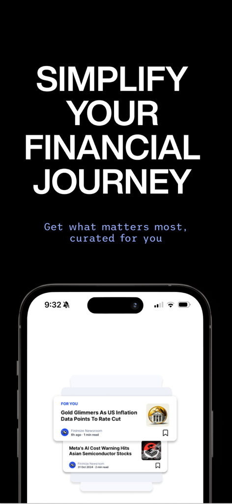 Finimize: Investing Insights - Finimize mobile app interface showing a curated feed of financial news and investment insights on a smartphone screen.