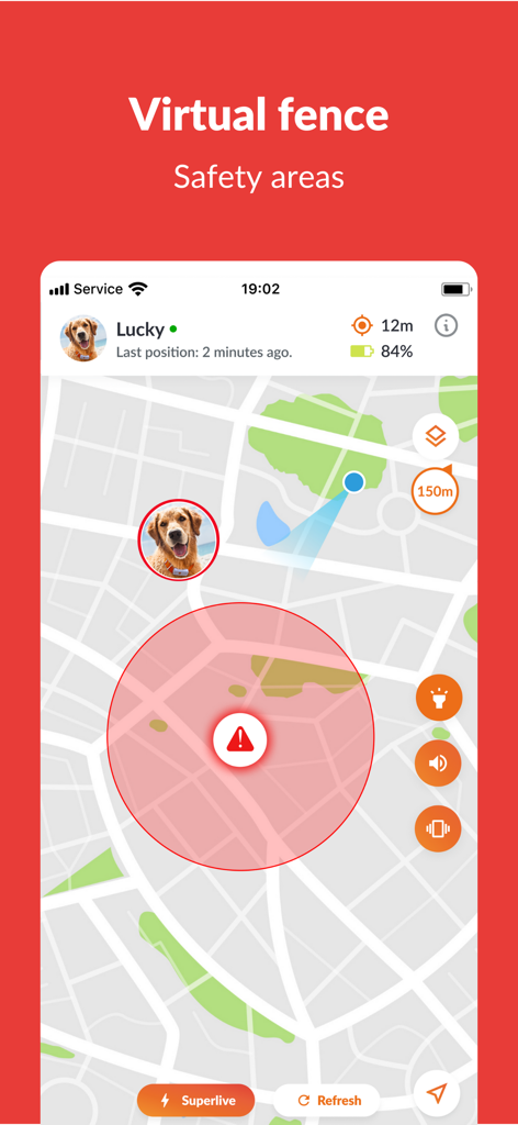 Weenect® - GPS - 地図上の犬の位置と赤い円形の仮想フェンスアラートゾーンを示すWeenect GPSアプリインターフェイス。