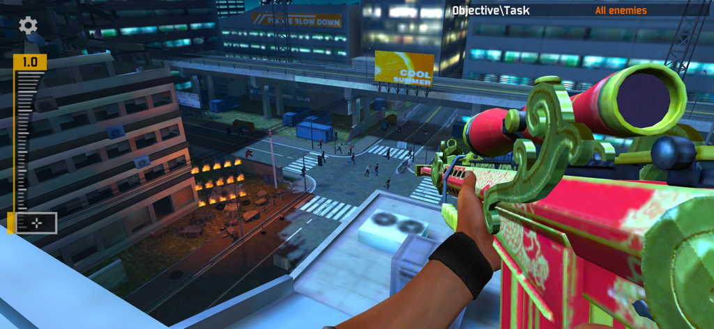 Sniper Honor: 3D Shooting Game - First person view of a colorful sniper rifle overlooking a city street from a rooftop