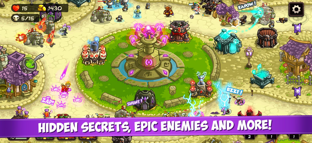 Gameplay screenshot of Kingdom Rush Vengeance TD showing towers and heroes defending against fantasy enemies