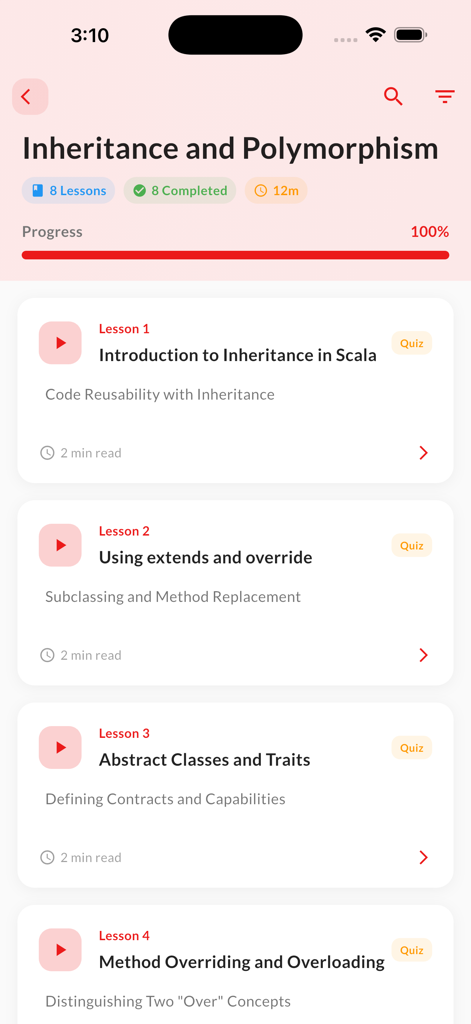 Learn to Code in Scala - AI - Una lista de lecciones de programación de Scala sobre herencia y polimorfismo con una barra de progreso del 100 por ciento
