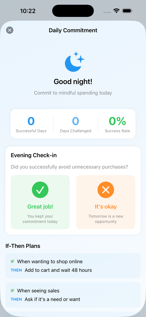 Smart Spend Challenge - Interface do aplicativo Desafio Gasto Inteligente mostrando o painel de compromisso diário com check-in noturno e planos comportamentais