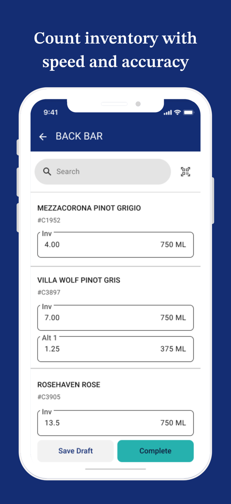 Crunchtime Inventory - Crunchtime Inventory mobile app showing a digital inventory count for wine bottles in a bar